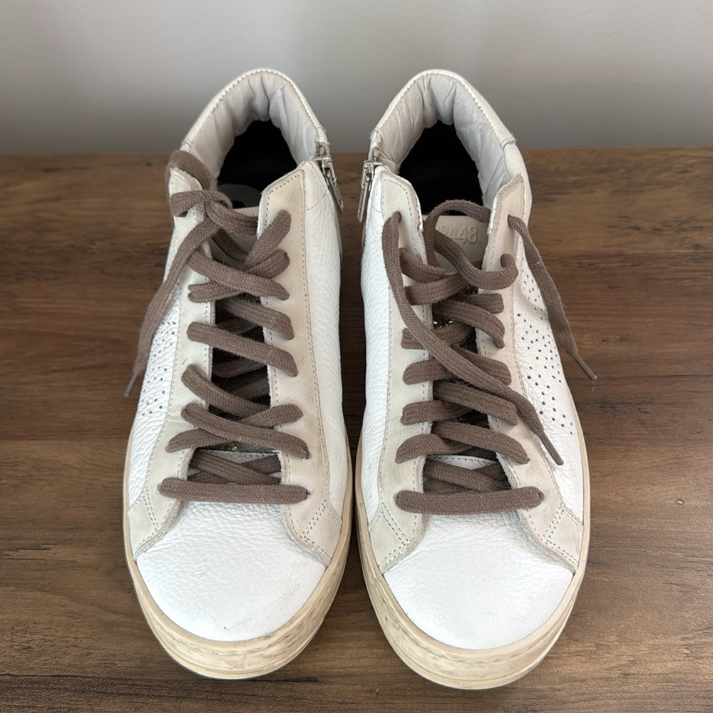 P448 Mid Top side zipper White Perforated High-Top Sneakers with Brown Laces - Picture 2 of 12